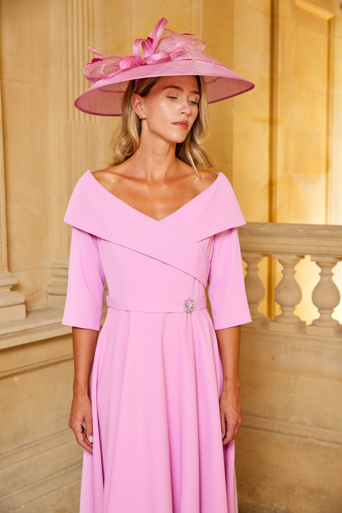 Condici Bardot Style Dress with Sleeves in Pink Charm
