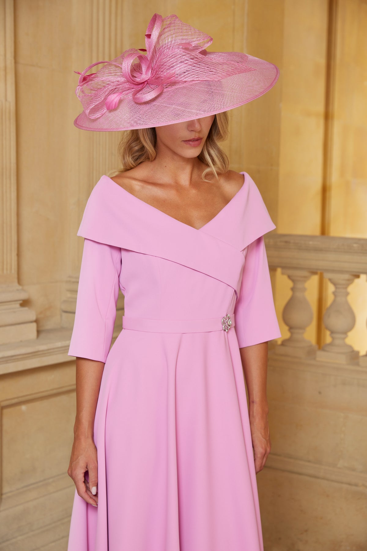 Condici Bardot Style Dress with Sleeves in Pink Charm