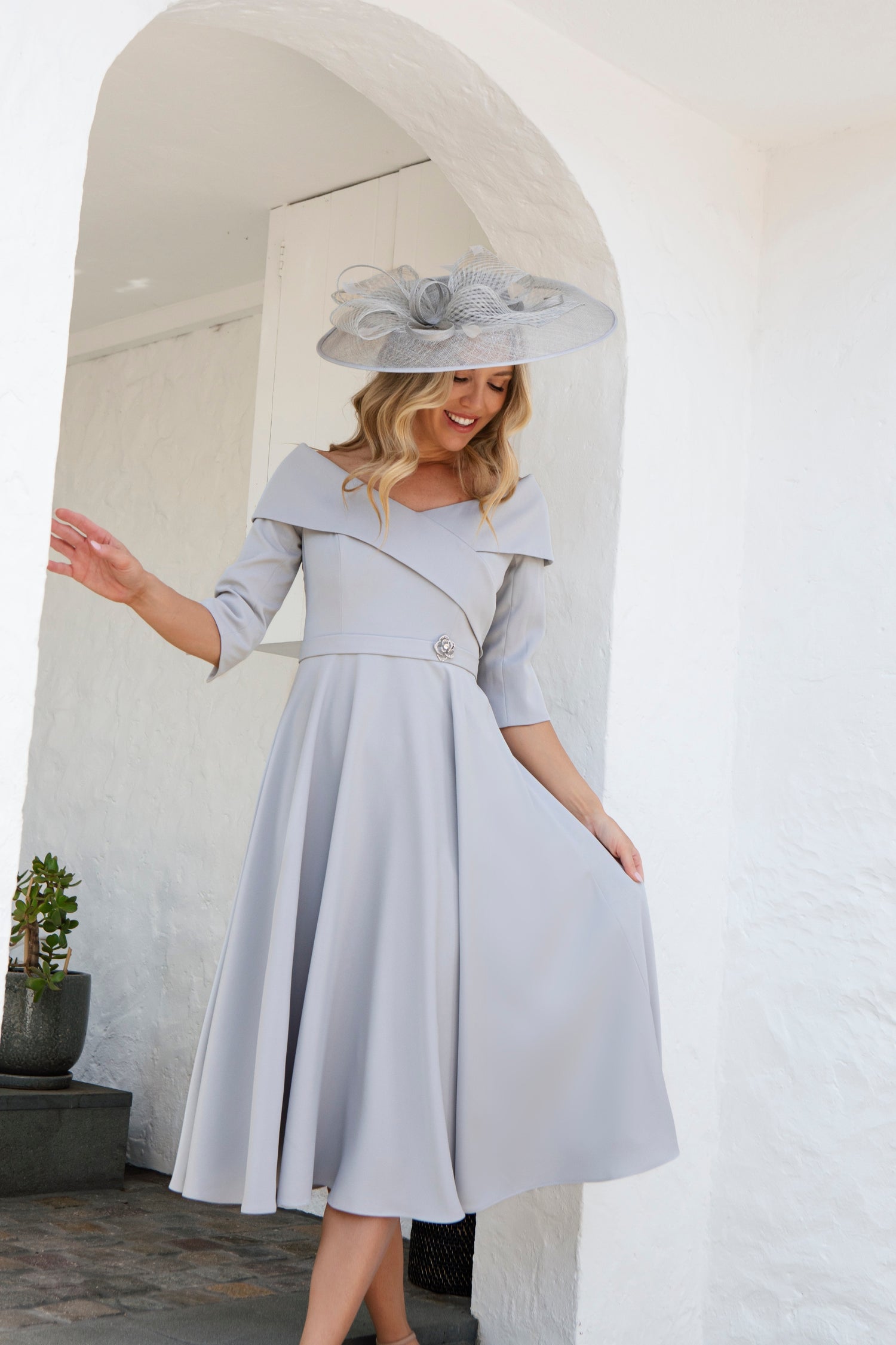 Condici Bardot Style Dress with Sleeves in Soft Silver