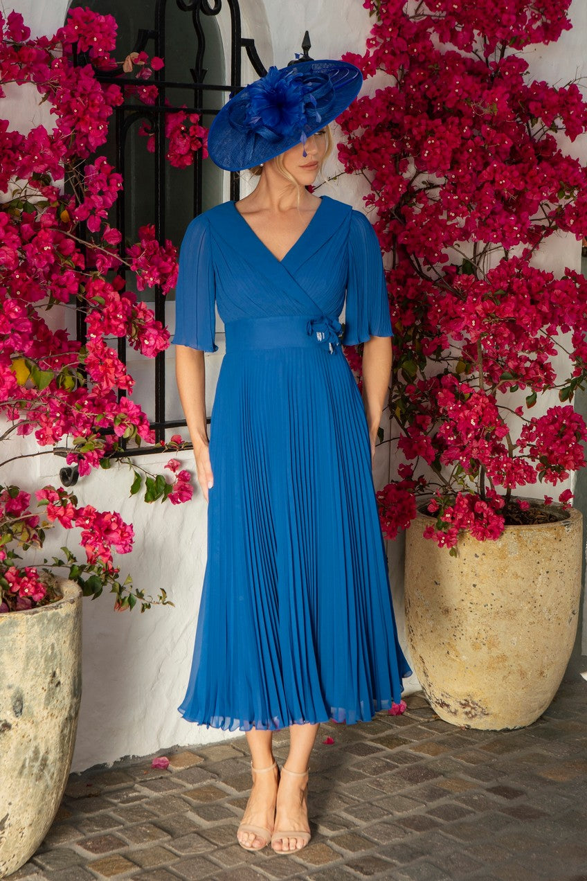 Midi Length Pleated Georgette Dress with Sleeves in Royal Blue by Condici