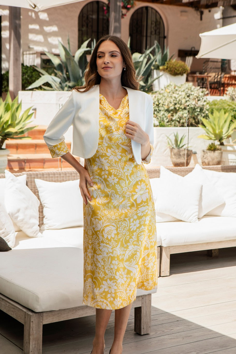 Pure Silk Flamboyance Silhouette Liberty Print Dress with Jacket in Lemon and Cream by Condici