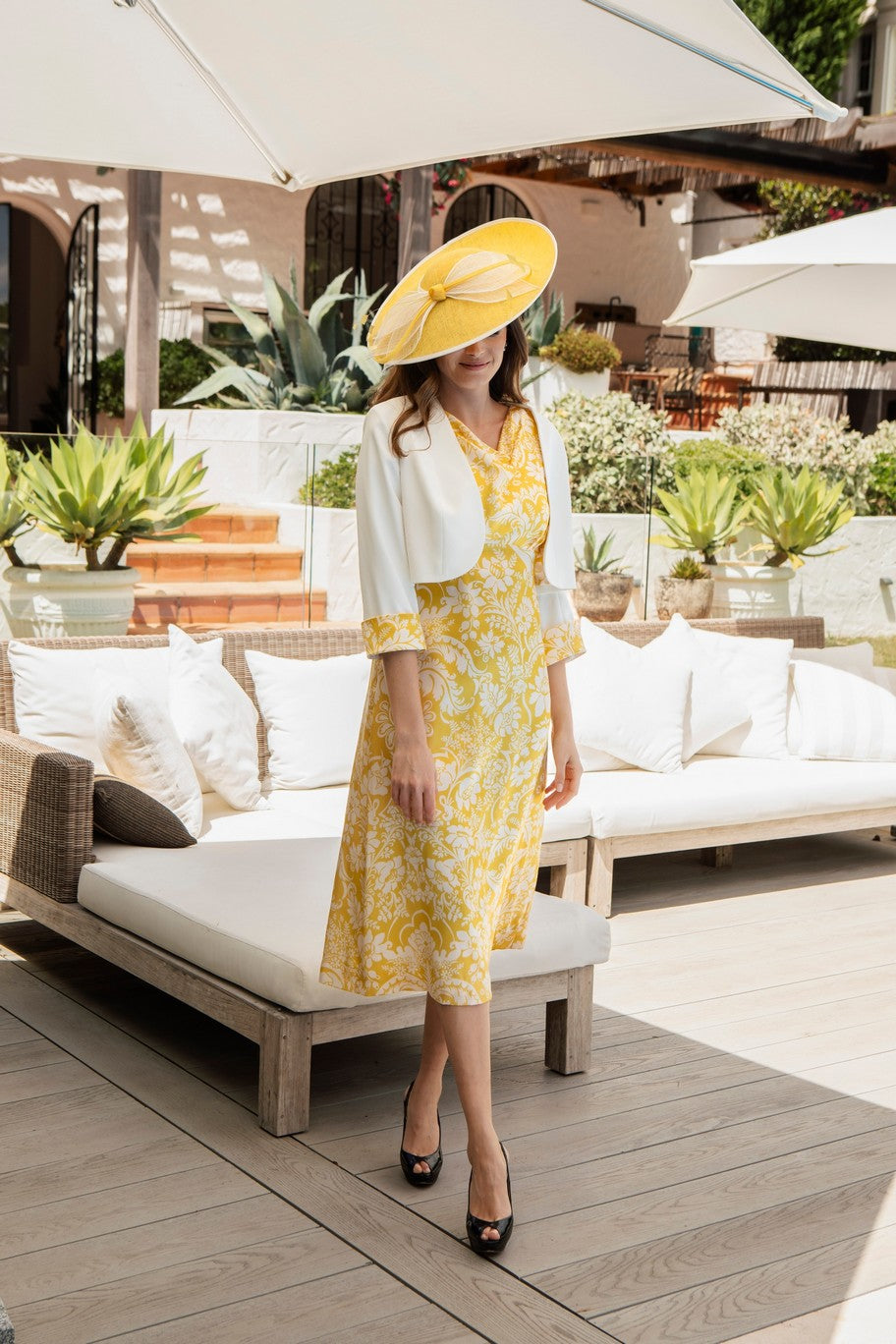 Pure Silk Flamboyance Silhouette Liberty Print Dress with Jacket in Lemon and Cream by Condici