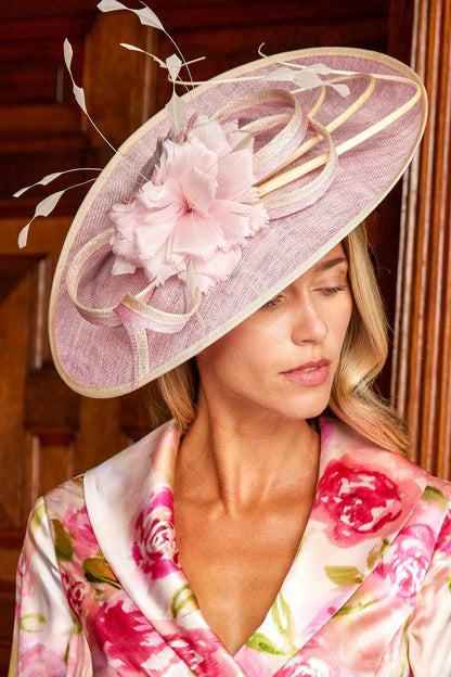 Sinamay Hatinator by Condici With Coque Feathers  in Timeless Rose