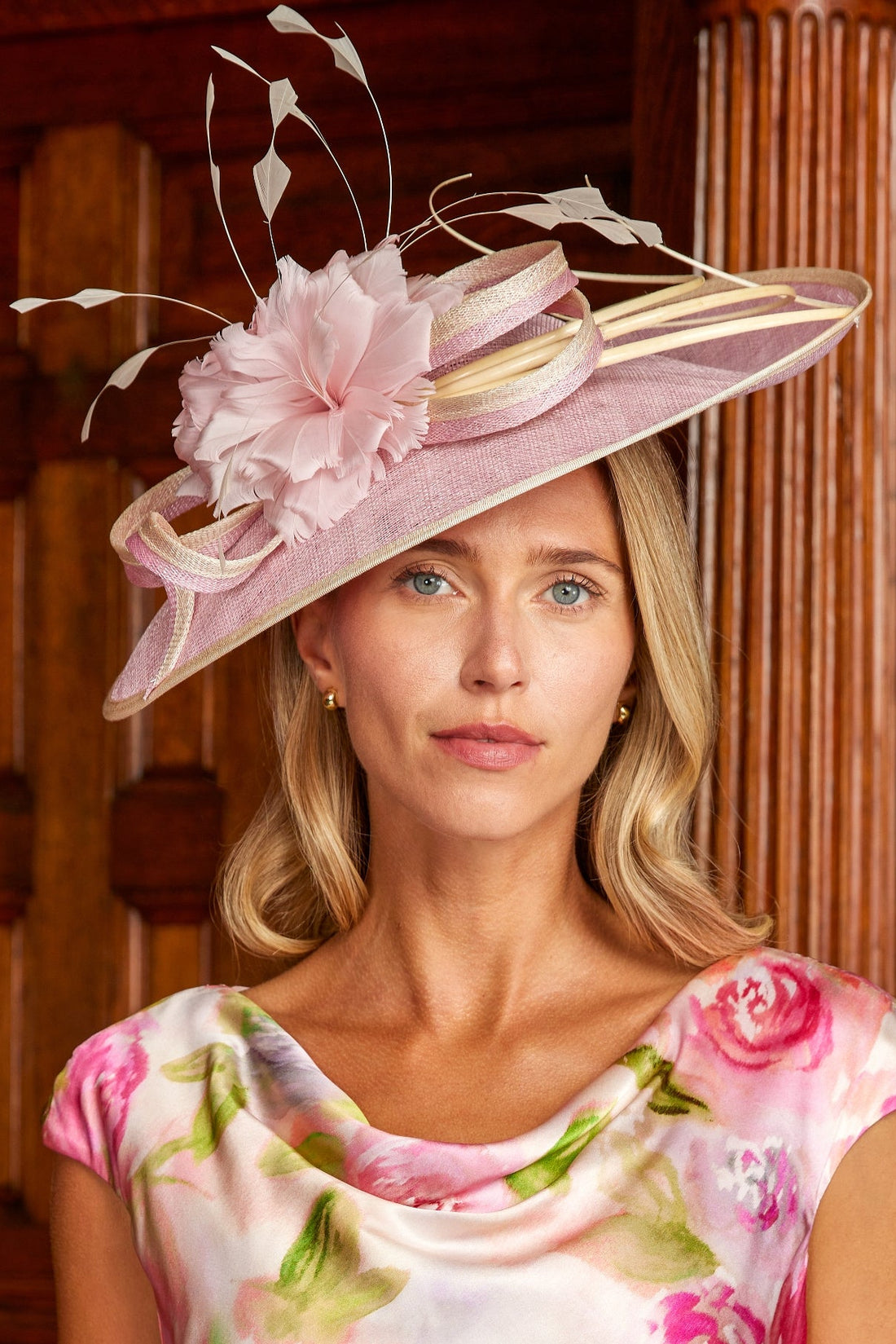Sinamay Hatinator by Condici With Coque Feathers  in Timeless Rose