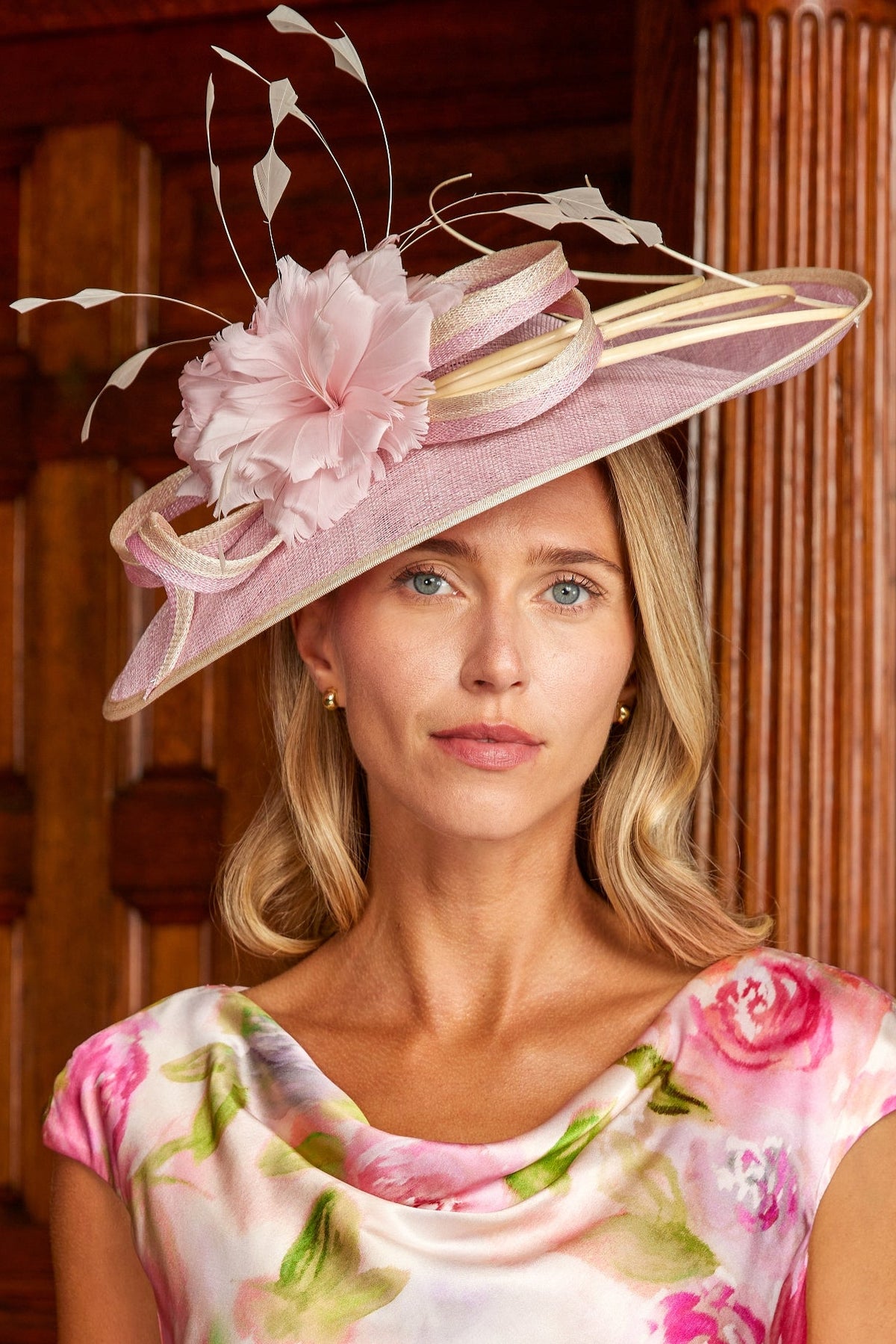Sinamay Hatinator by Condici With Coque Feathers  in Timeless Rose