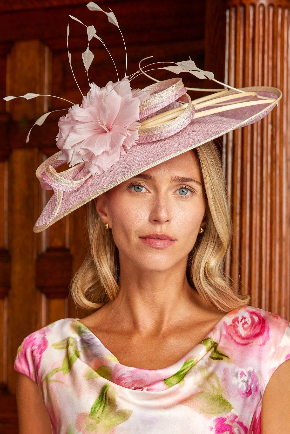 Sinamay Hatinator by Condici With Coque Feathers  in Timeless Rose