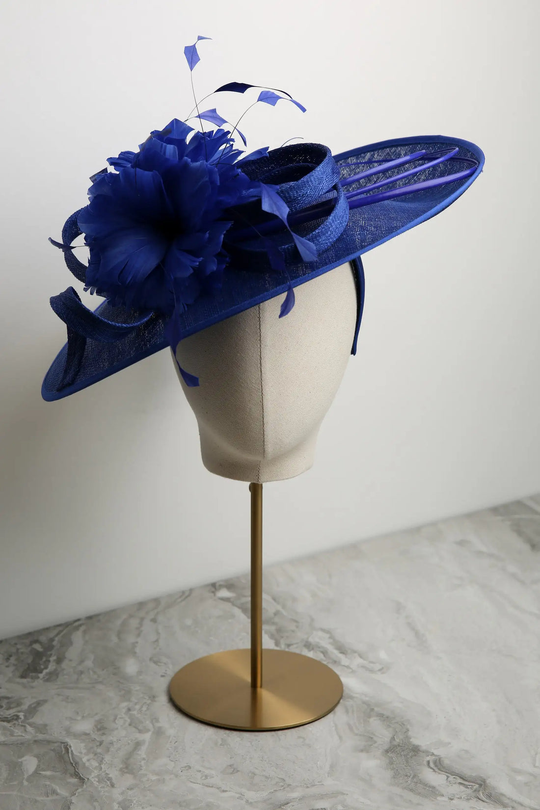 Sinamay Hatinator by Condici With Coque Feathers in Royal Blue