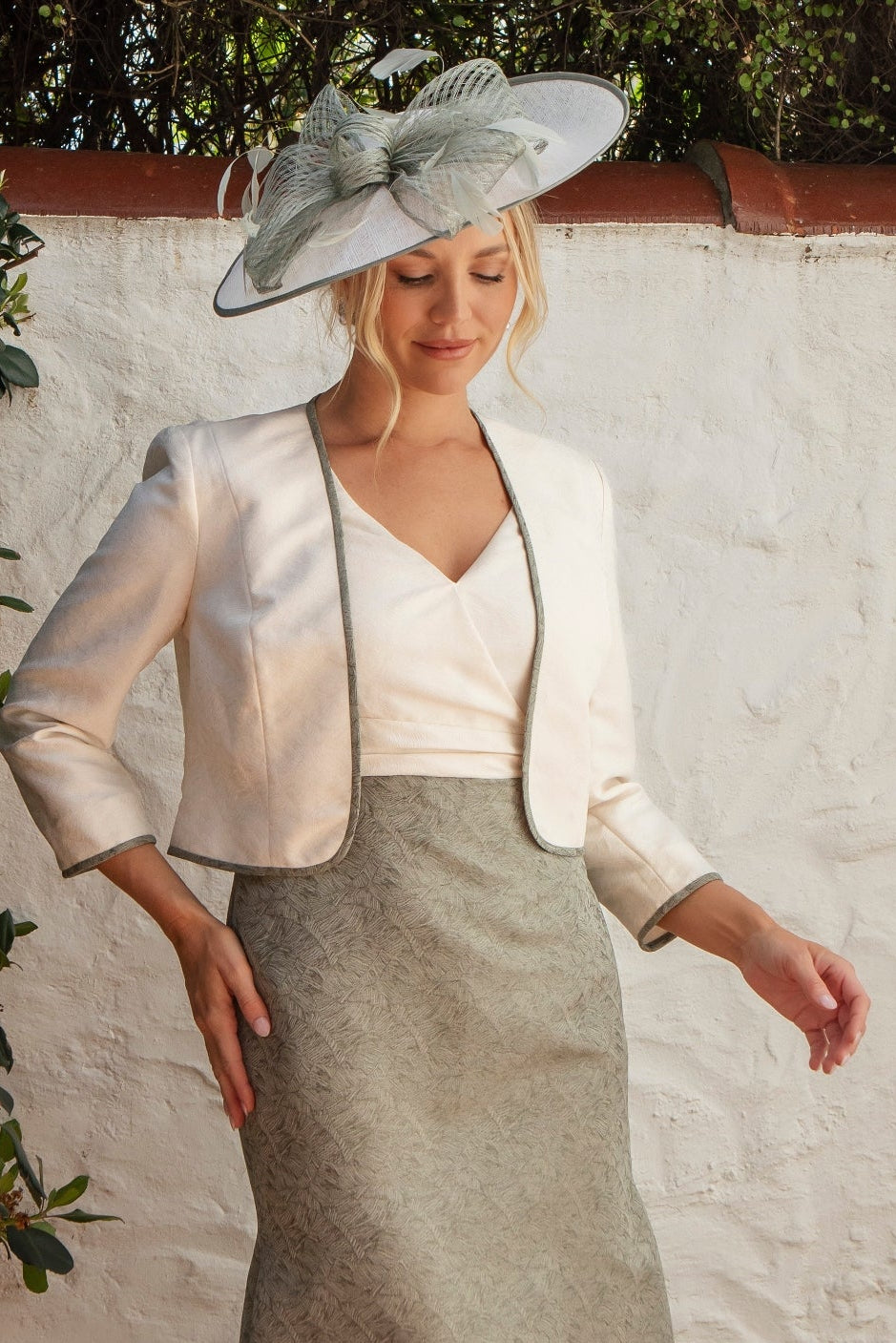 Condici Picture Perfect Fascinator with soft trim and feathers in Cream and Rosemary