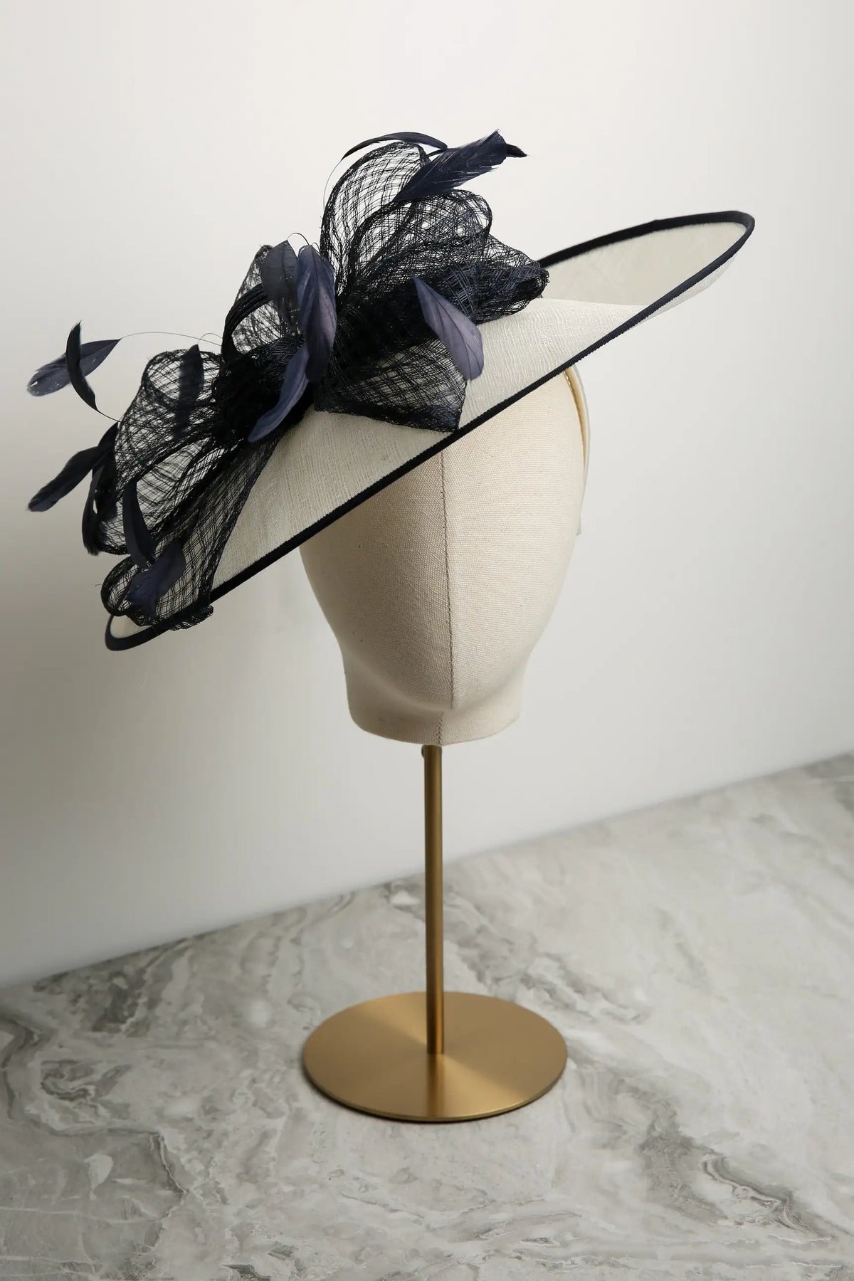 Condici Fascinator Soft Trim &amp; Feathers in Dark Navy/Cream