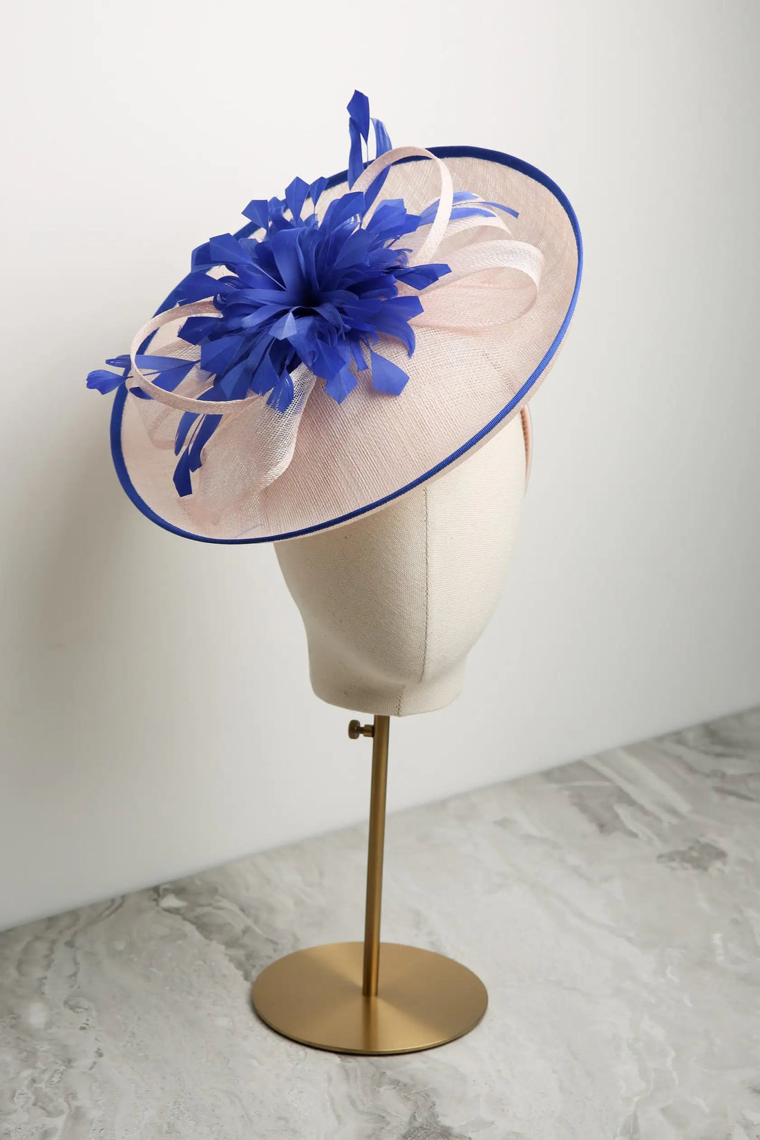 Condici Up-swept Disc Fascinator in Rosewater with Royal Blue