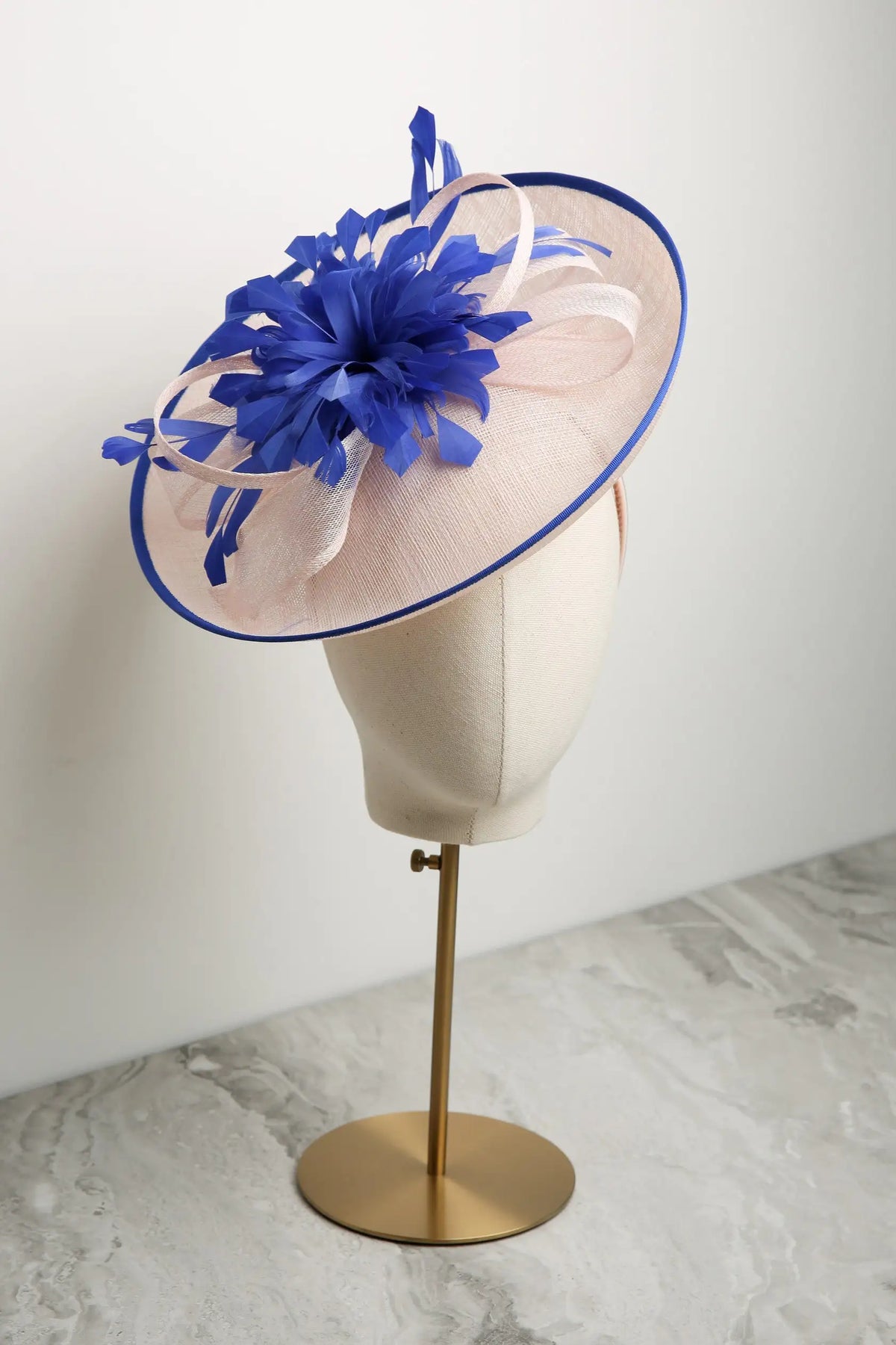 Condici Up-swept Disc Fascinator in Rosewater with Royal Blue