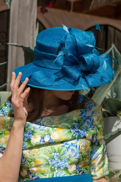 Traditional Hat with Sinamay and Coque Feathers in Lagoon