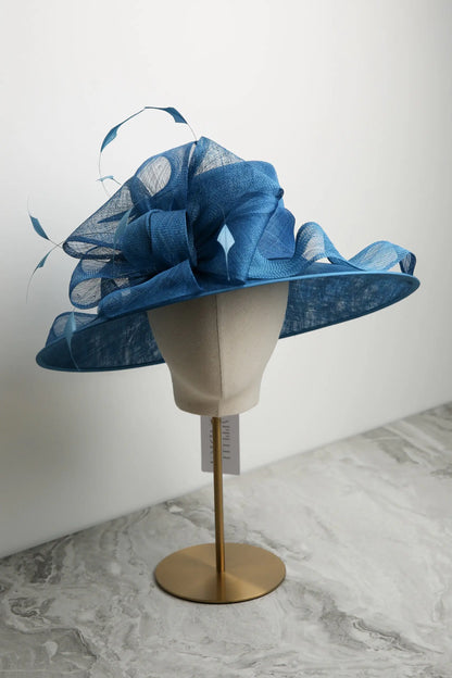 Traditional Hat with Sinamay and Coque Feathers in Lagoon