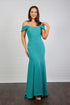 A woman in an off-the-shoulder turquoise maxi dress with a fit and flare silhouette, made from crepe fabric, posed against a neutral background.