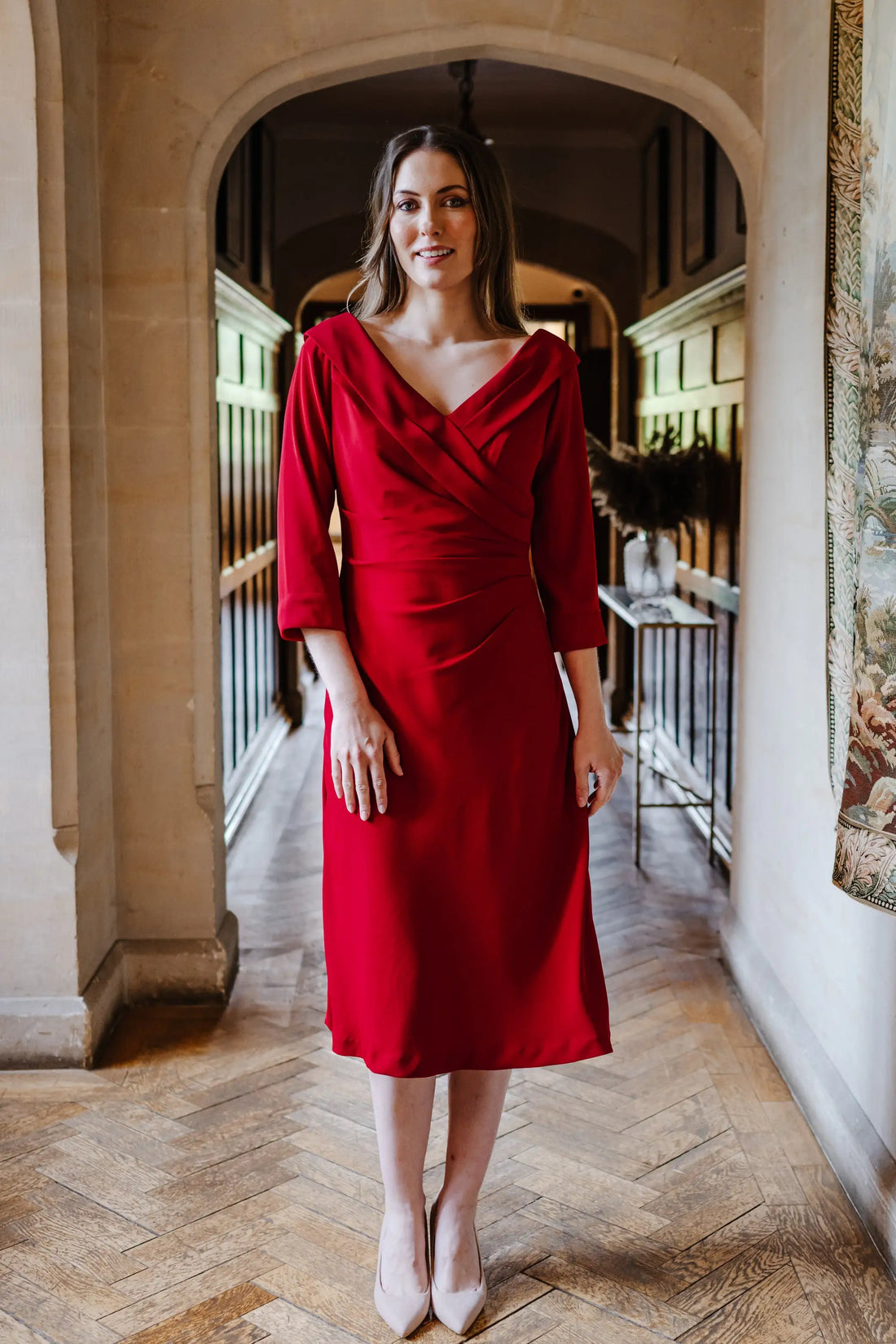 Calista Edge of the Shoulder Dress with Sleeves in Cherry