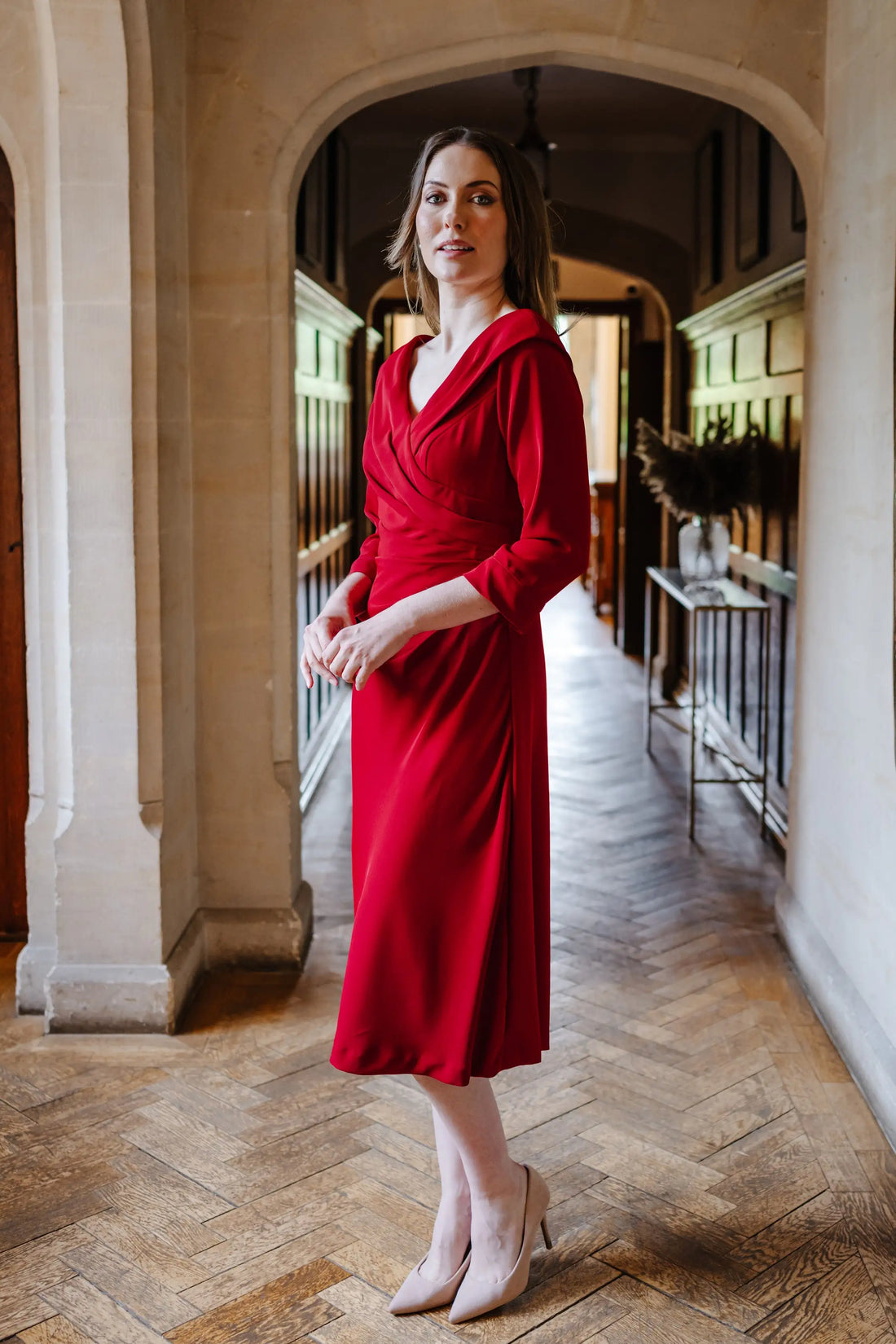 Calista Edge of the Shoulder Dress with Sleeves in Cherry