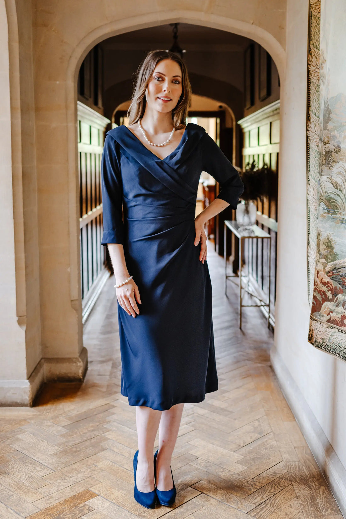 Calista Edge of the Shoulder Dress with Sleeves in Dark Navy
