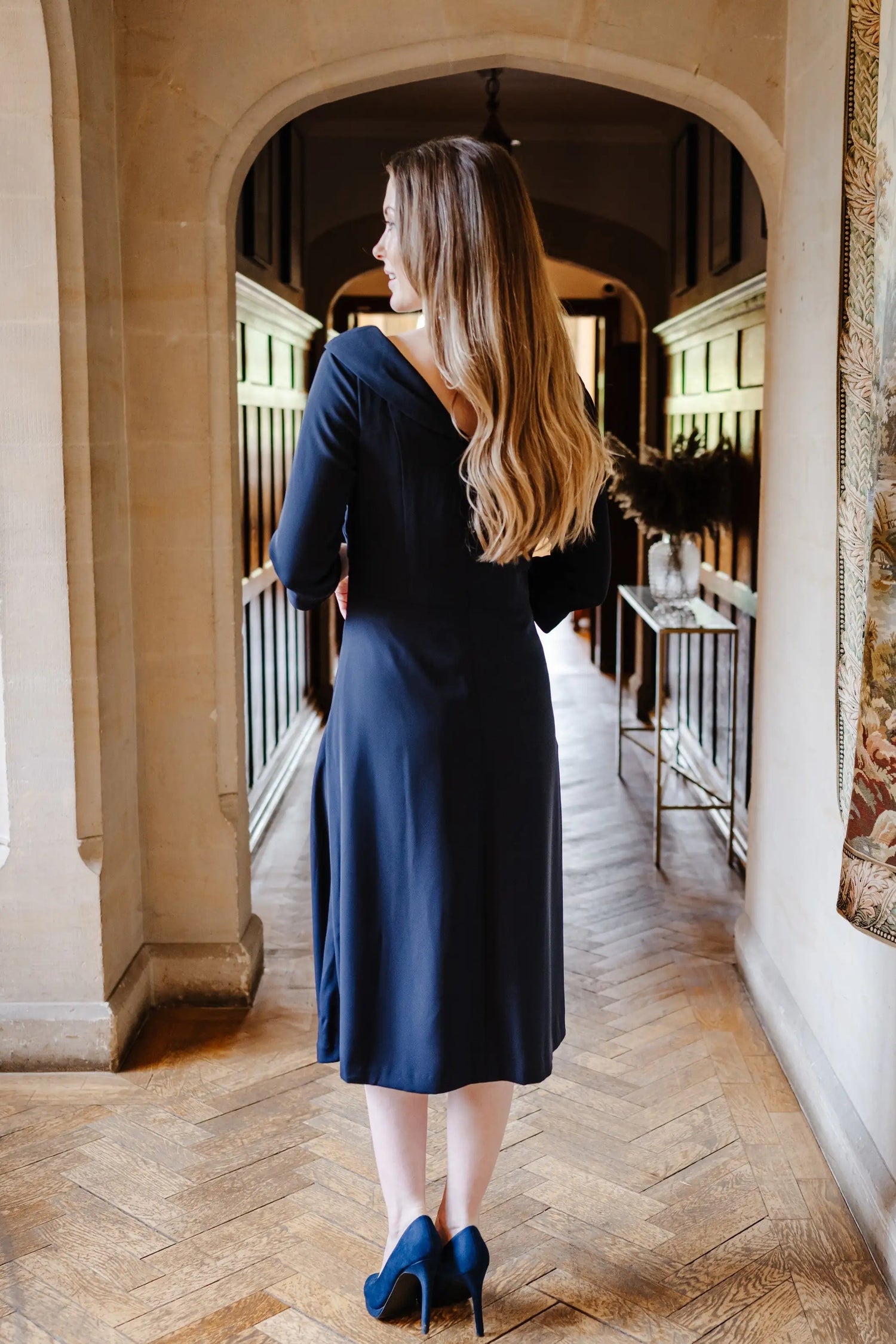 Calista Edge of the Shoulder Dress with Sleeves in Dark Navy Blue