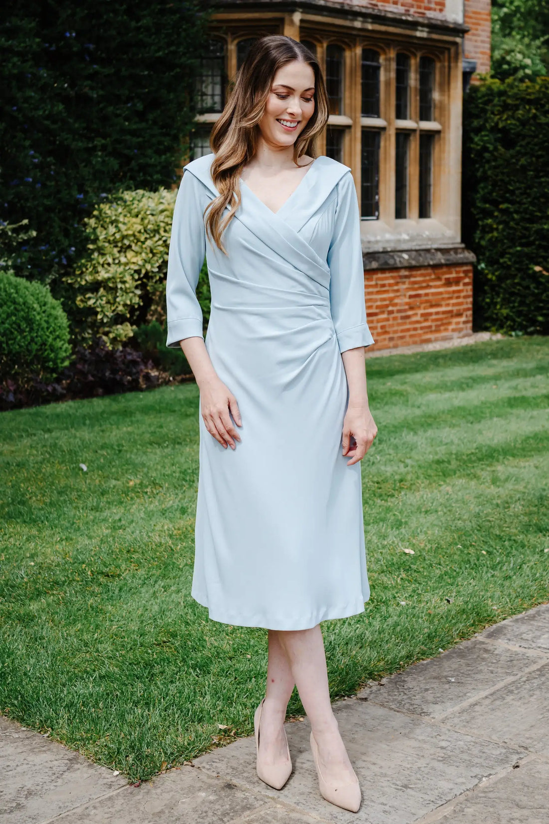 Calista Edge of the Shoulder Dress with Sleeves in Duck Egg