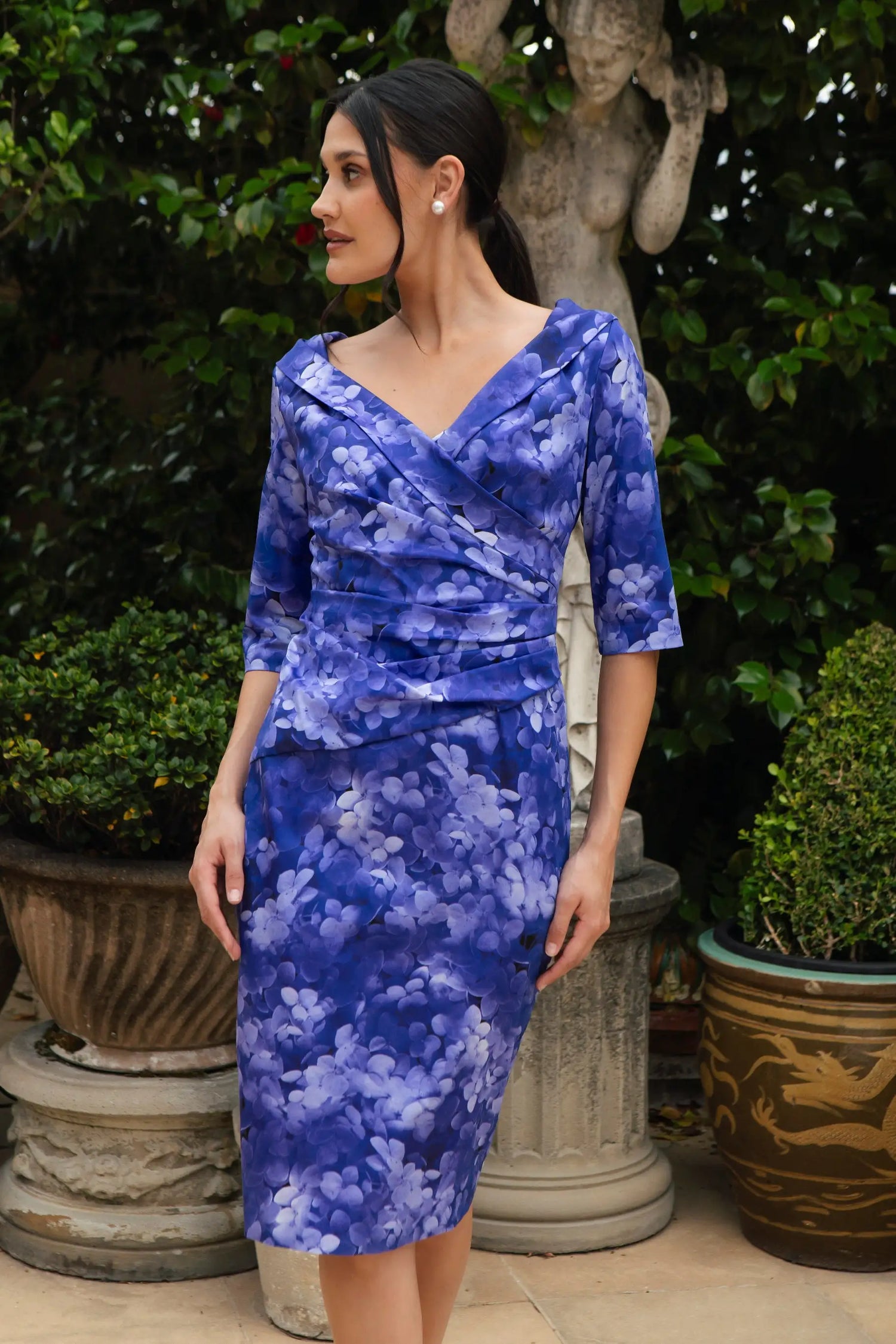 Classic Ispirato Wrap Front Dress in Cool Cotton Hydrangea Azure Blue