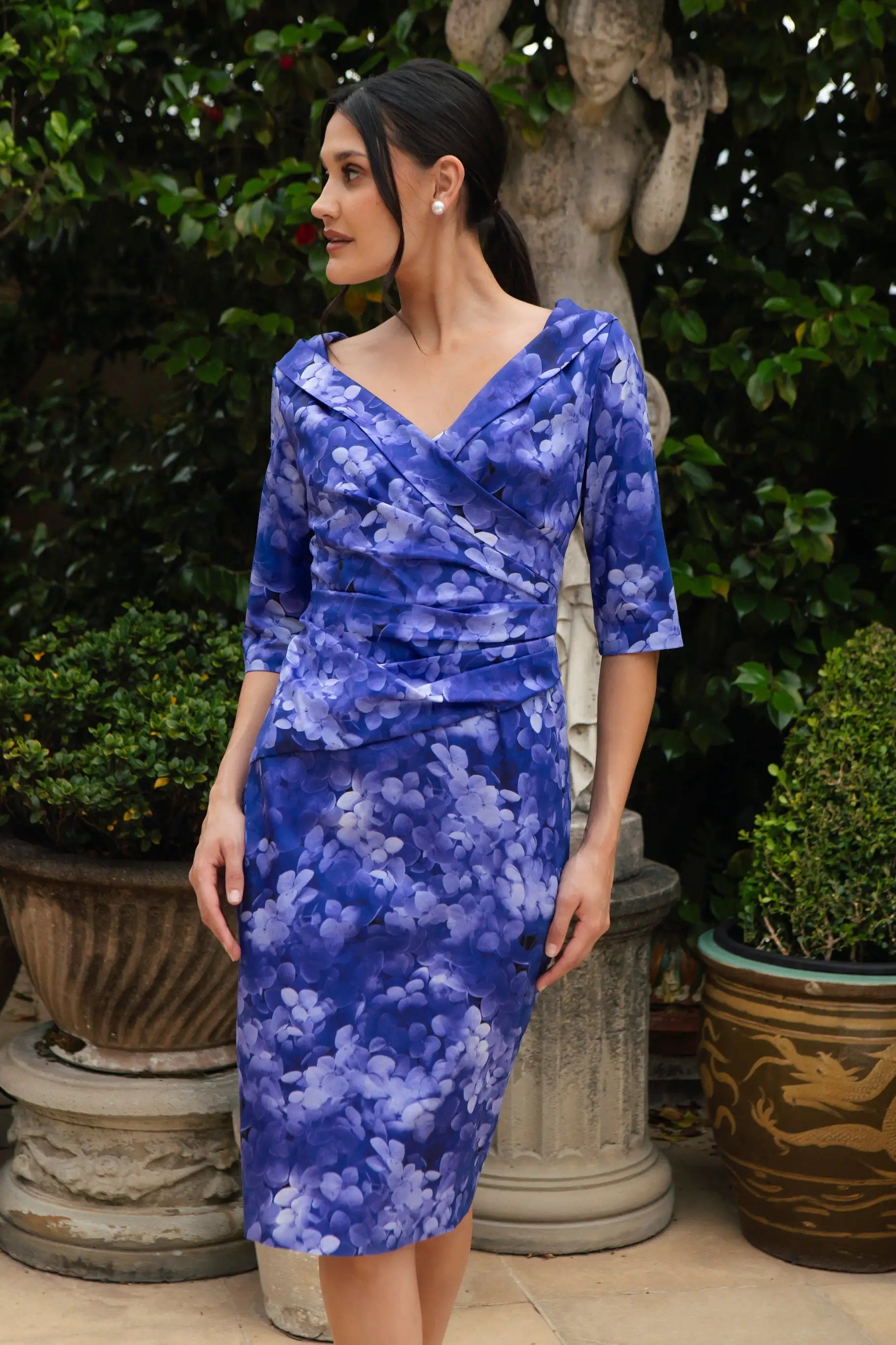 Classic Ispirato Wrap Front Dress in Cool Cotton Hydrangea Azure Blue