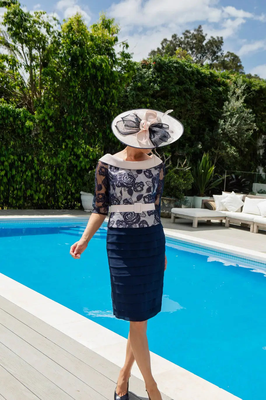 Condici Embroidered Dress with Classic Tiered Skirt in Rosewater and Navy Blue