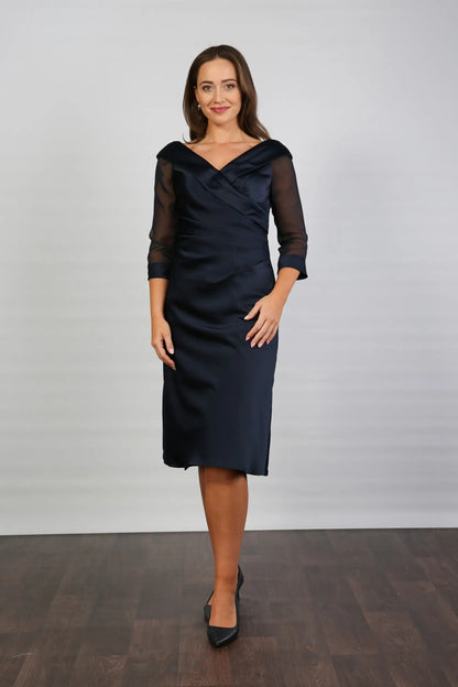 Crystal Pleated Satin Special Occasion Dress in Dark Navy Blue