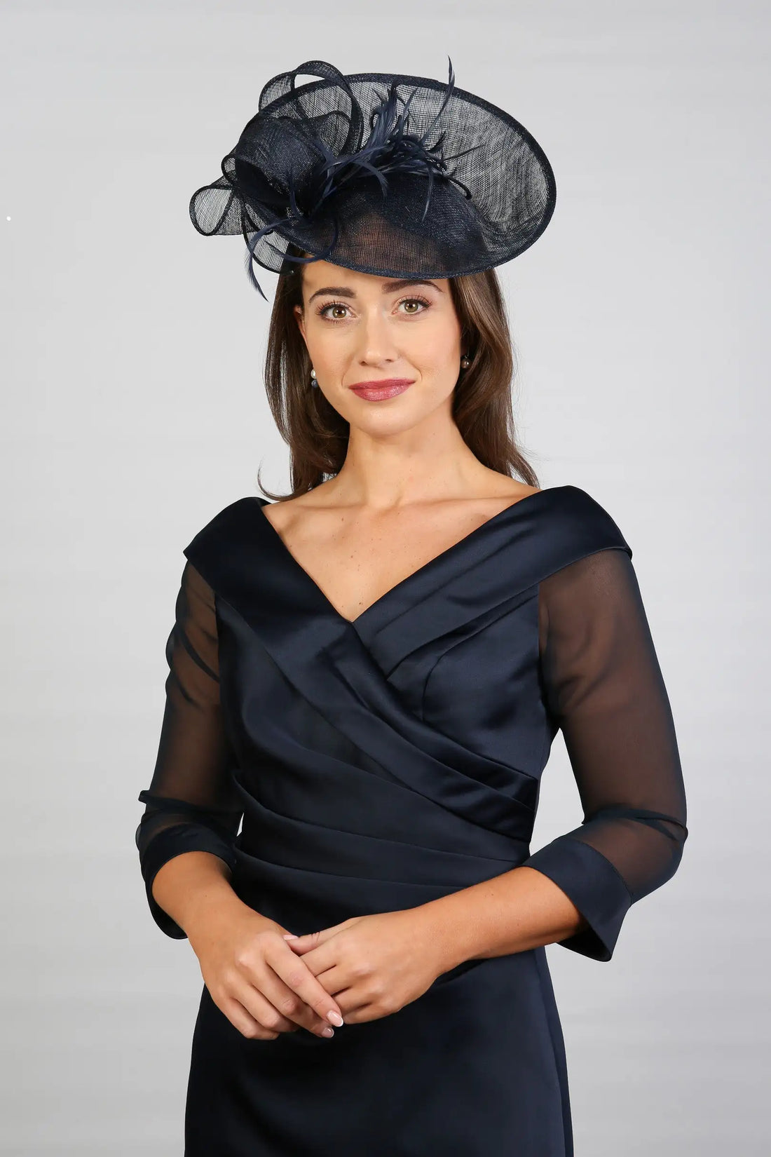 Crystal Pleated Satin Special Occasion Dress in Dark Navy Blue
