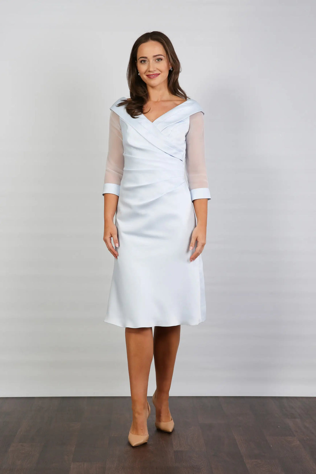 Crystal Pleated Satin Special Occasion Dress in Powder Blue