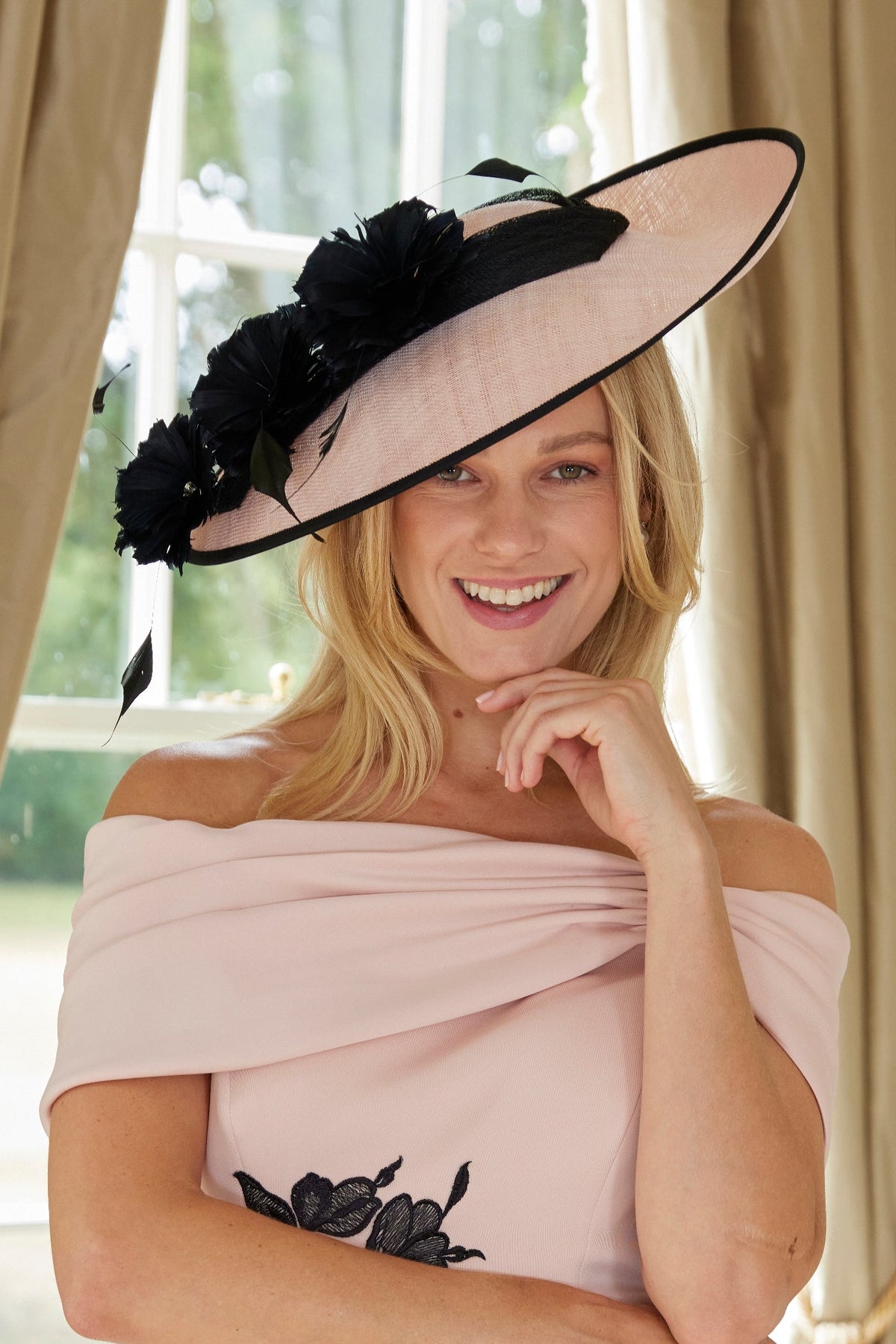 Picture Perfect Fascinator with Cascade of Coque Feathers Misty Rose and Black