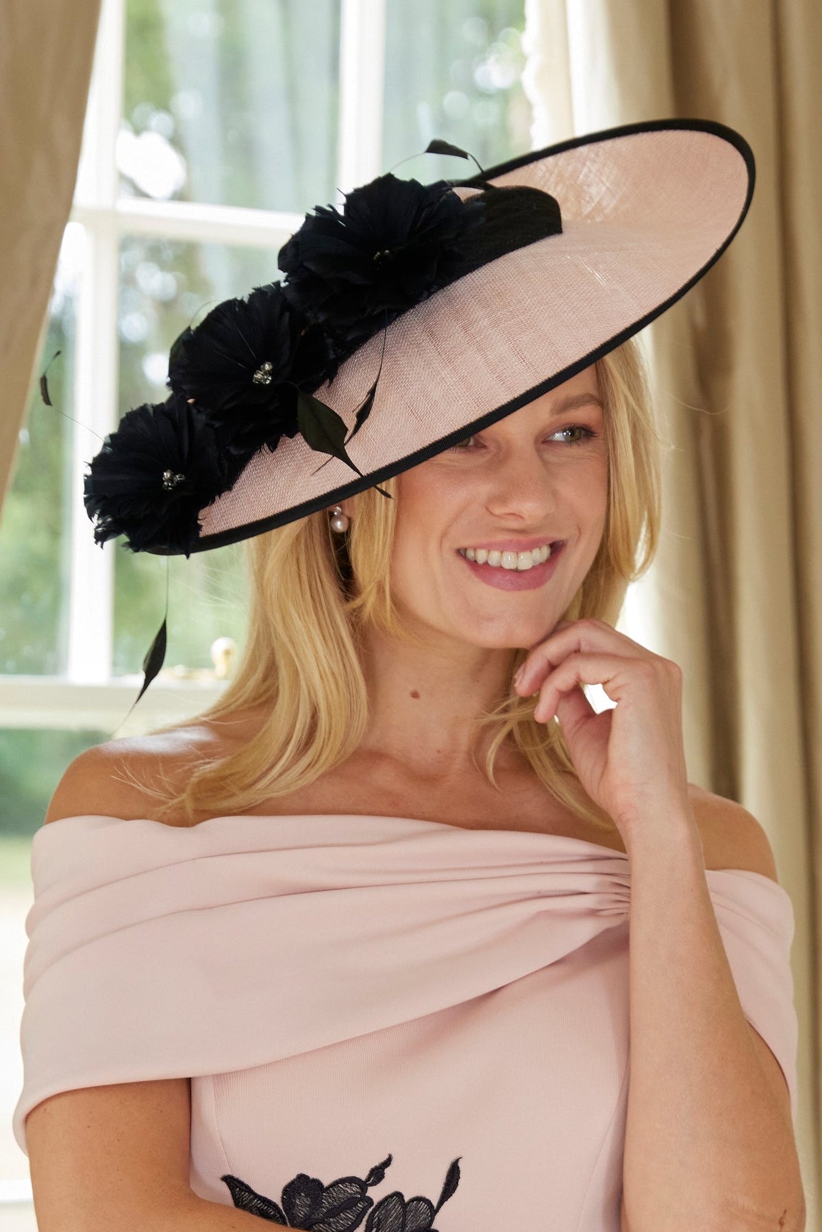 Picture Perfect Fascinator with Cascade of Coque Feathers Misty Rose and Black