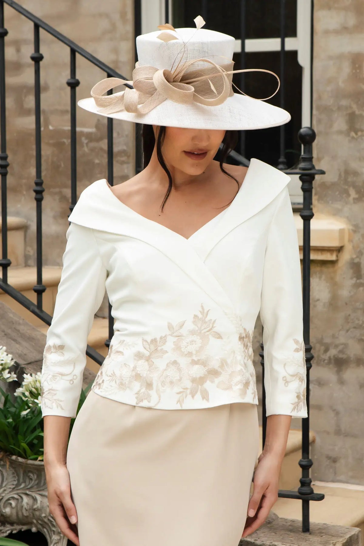 Traditional Formal Sinamay Hat by Ispirato in Cream and Almond