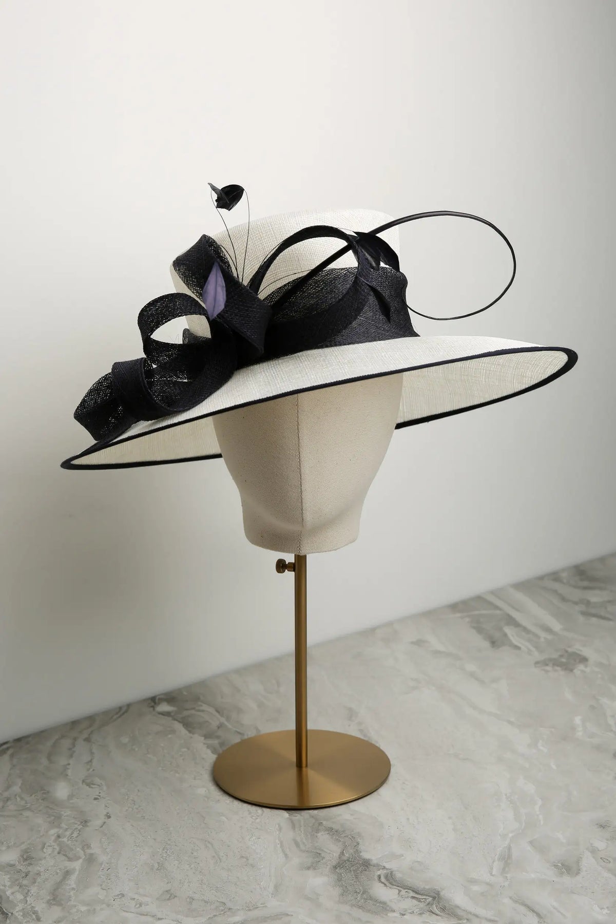 Traditional Formal Sinamay Hat by Ispirato in Cream and Navy in Navy/Cream
