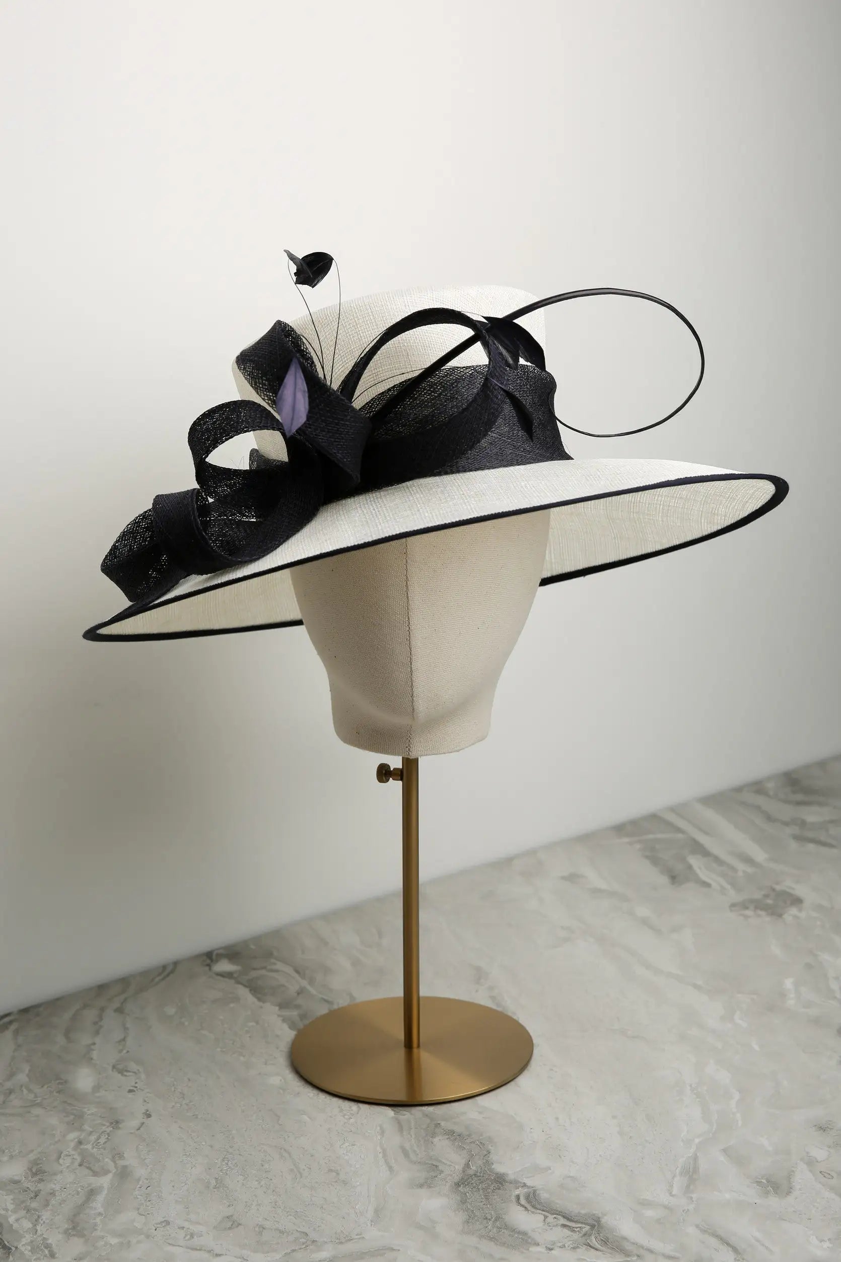 Traditional Formal Sinamay Hat by Ispirato in Cream and Navy in Navy/Cream