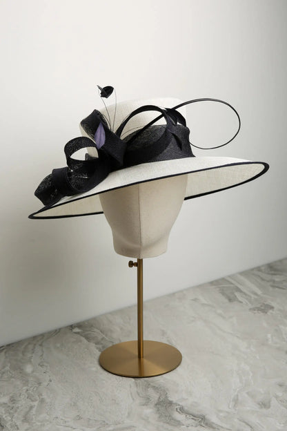 Traditional Formal Sinamay Hat by Ispirato in Cream and Navy in Navy/Cream