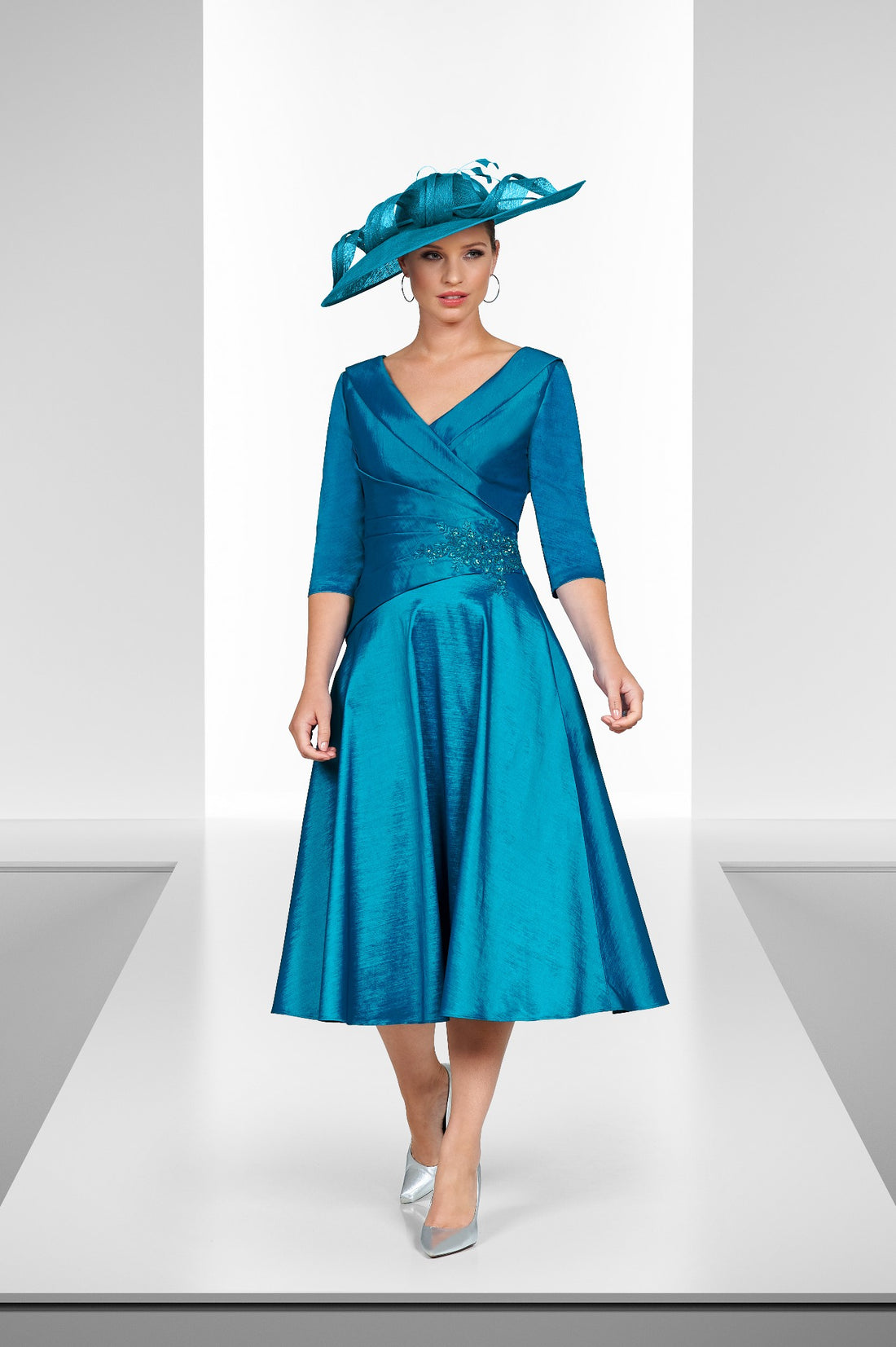 Ispirato Stretch Taffeta Special Occasion Dress with Sleeves in Imperial Jade