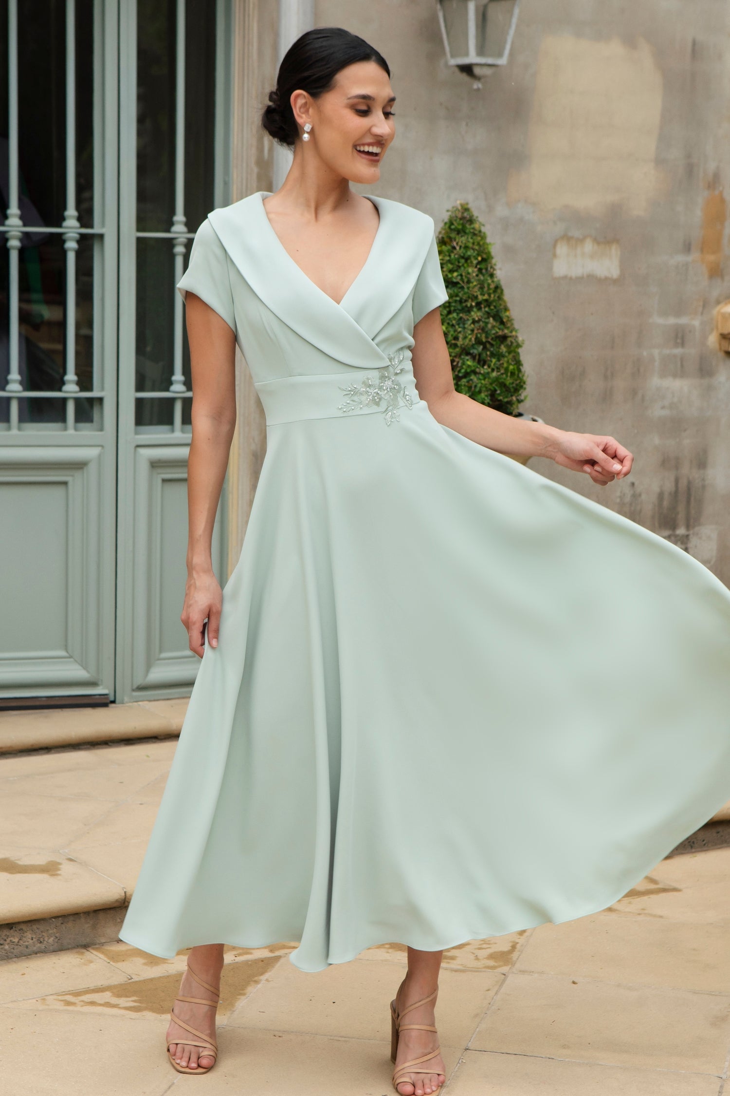 Ispirato Softly Flared Dress with Sleeves in Meadow Mist