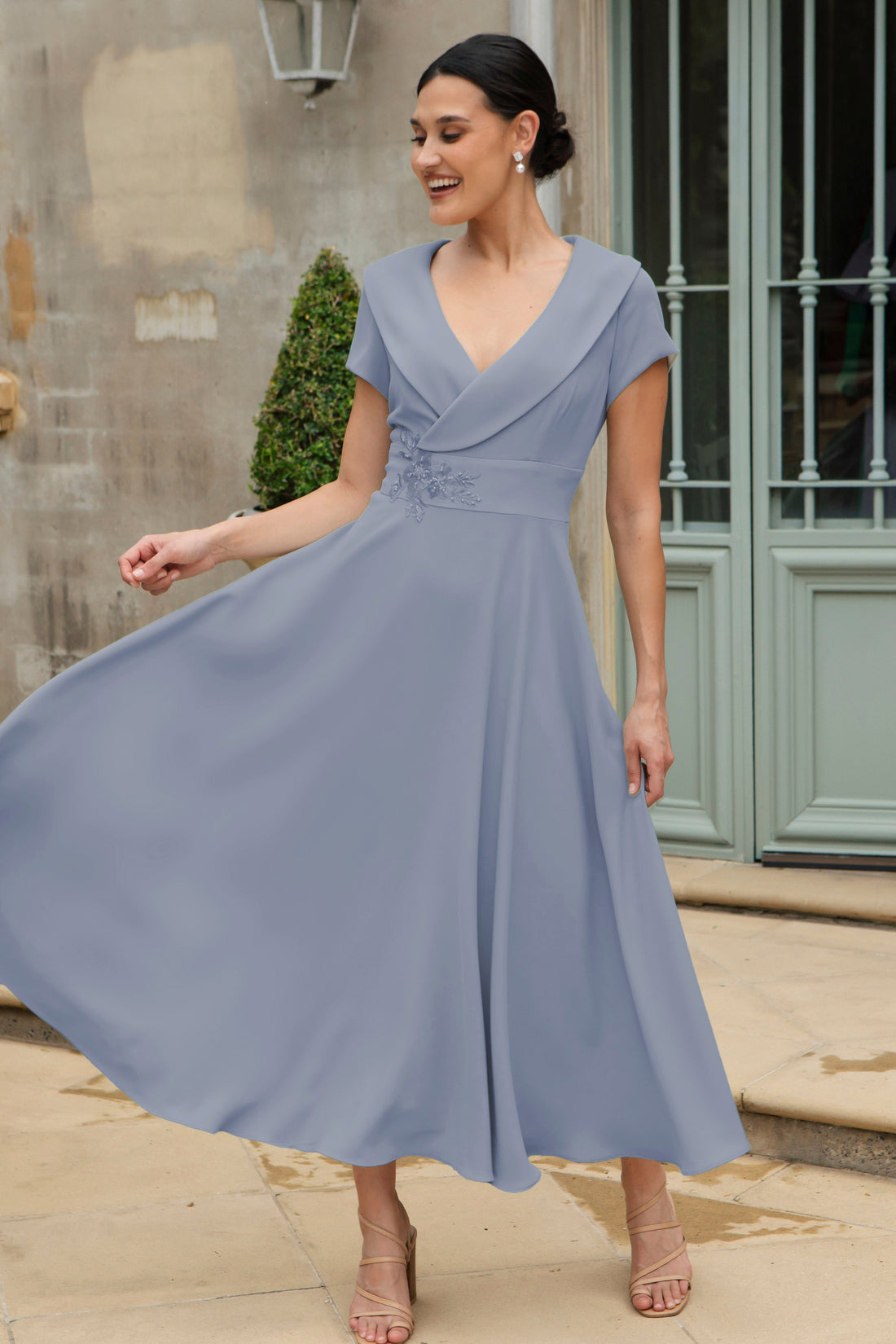 Ispirato Softly Flared Dress with Sleeves in Misty Blue