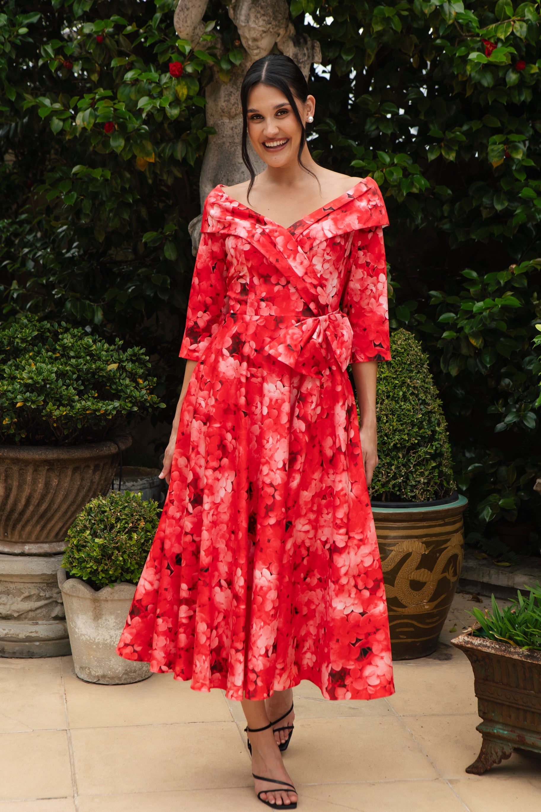 Ispirato Edge of the Shoulder Dress with Full Skirt in Flamingo Red