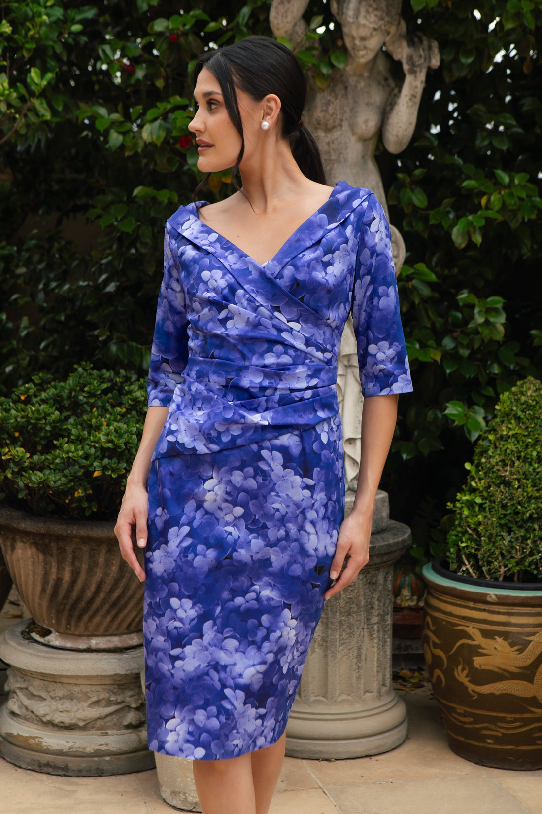 Classic Ispirato Wrap Front Dress in Cool Cotton Hydrangea Azure Blue