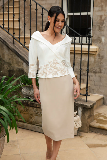 Ispirato Figure Flattering Suit Effect Dress with Luxury Embroidery in Cream and Almond