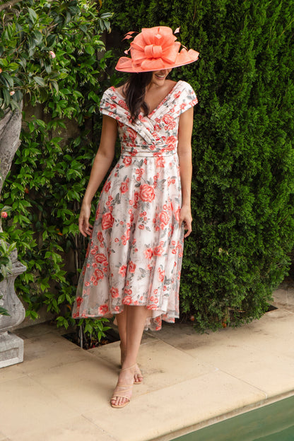 Ispirato Hibiscus Embroidered Dress with Pleated Body in Sunset