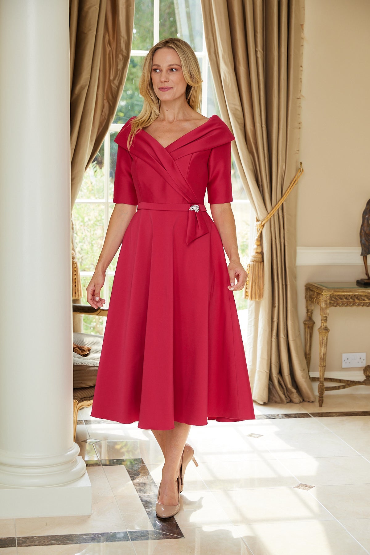 Ispirato Edge of the Shoulder Special Occasion Dress in Crimson Red