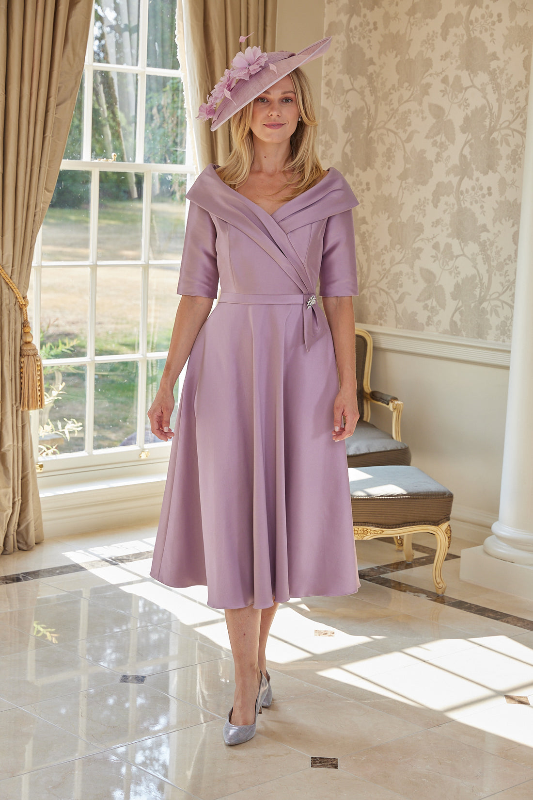 Ispirato Edge of the Shoulder Special Occasion Dress in Orchid Pink