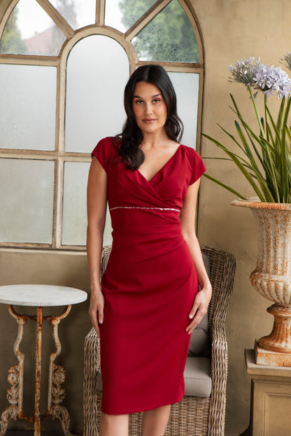Ispirato Wrap Front Dress and Jacket in Smooth Pomegranate Crepe