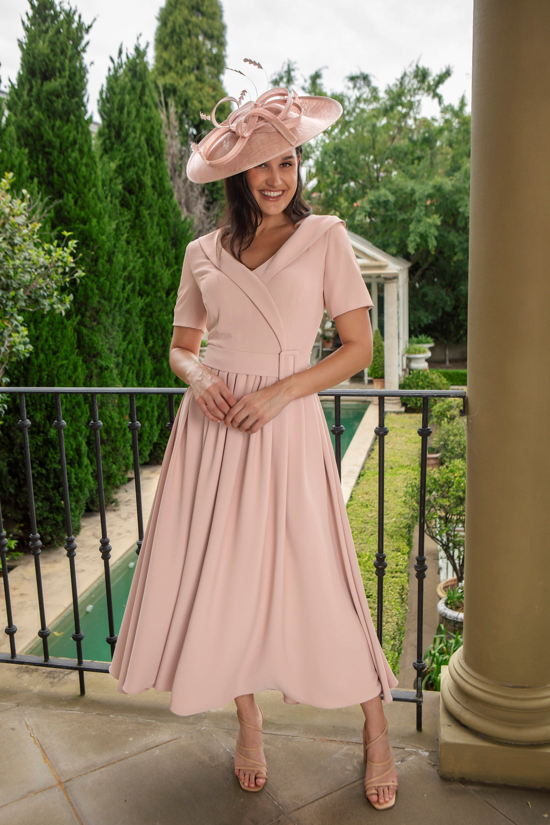 Waist Cinching Dress with Sleeves by Ispirato in Misty Rose