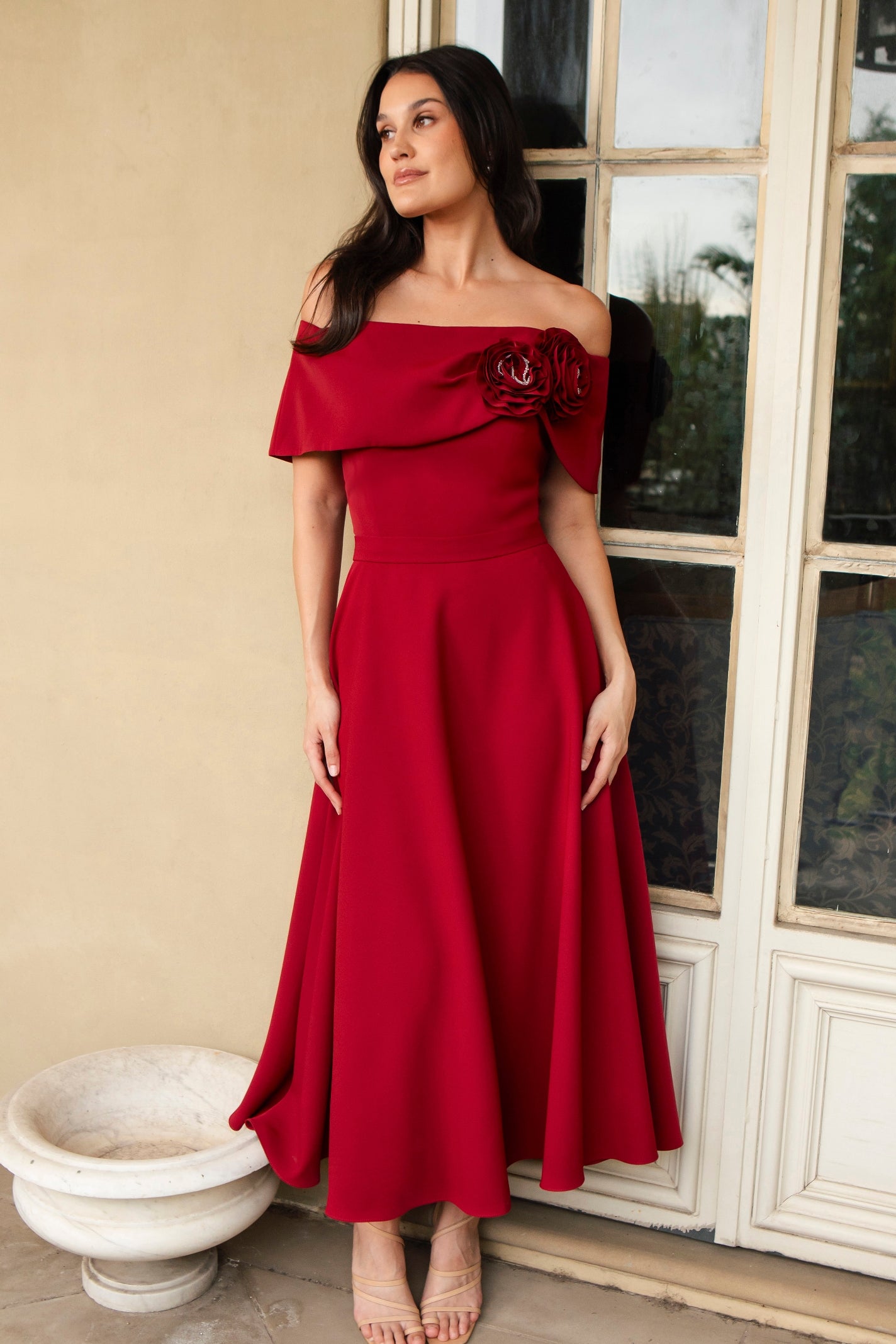Ispirato ‘Bardot’ Style Dress in Smooth Pomegranate Crepe