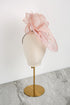 Pink fascinator on a mannequin head against a white background