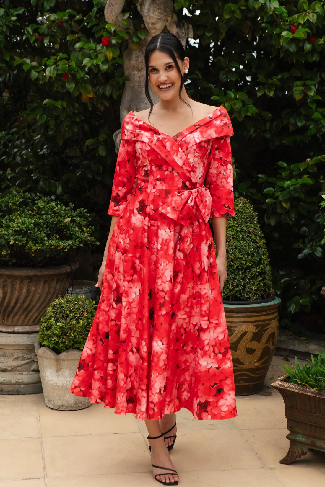 Ispirato Edge of the Shoulder Dress with Full Skirt in Flamingo Red