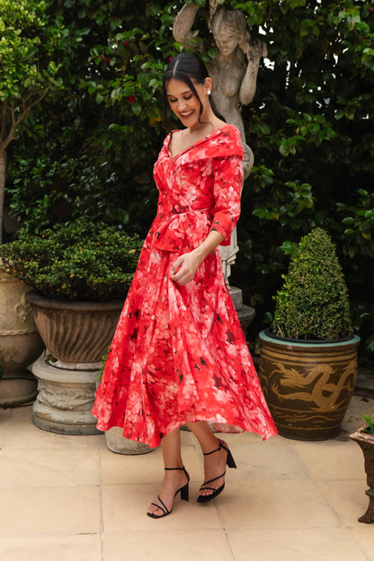 Ispirato Edge of the Shoulder Dress with Full Skirt in Flamingo Red